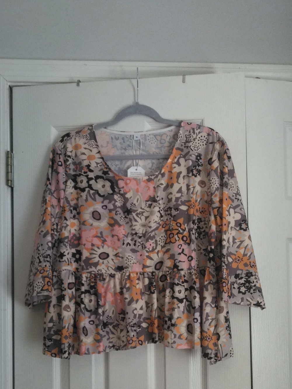 Floral Peplum Blouse in Pink, Gray & Mustard